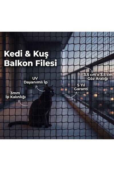 GüneyBey File Kedi Balkon Filesi | 2 x 2 Metre | Siyah | 3 mm İp, 3.5x3.5 cm ...