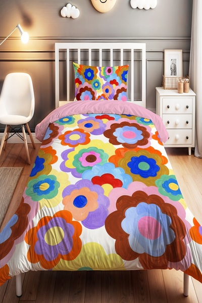 EVPANYA Colorful Flowers Patterned Single Baby Kids Bedding Set