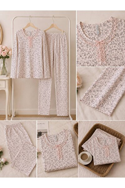 Kadın Pembe %100 Pamuklu Uzun Kol Çiçek Desenli Pijama Takımı