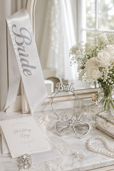 Happyland Bride To Be Gümüş Grisi Rengi Mika Taç Gözlük Beyaz Kuşak Aksesuar Seti, Gelin Partisi ve Bekarlığa Veda Partisi Aksesuarları