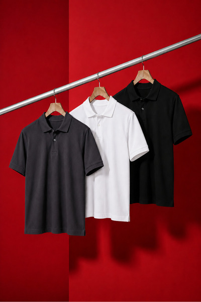 COMBİNE MİCHAİL Men's Basic Loose 3-Piece Polo Collar T-Shirt