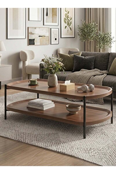 Taimi 2-Tier Wooden Coffee Table with Metal Legs, Modern Center Table, Brown,...