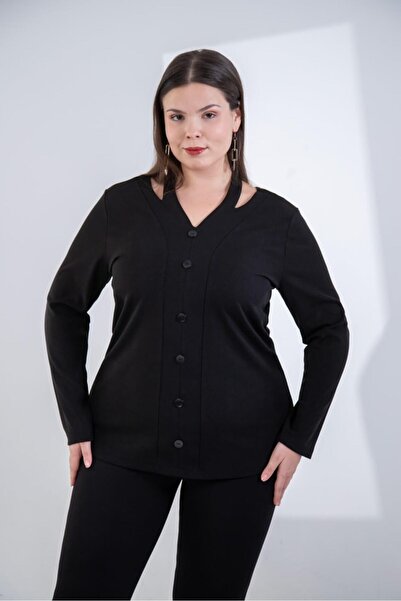 Roxxlen Plus Size Women's Collar Detailed Brown Blouse