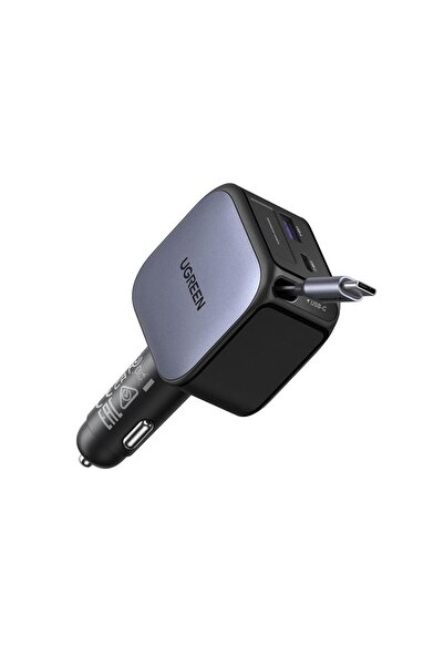 Ugreen 90W USB-C Makaralı Dahili Kablolu Hızlı 2x USB-C 1x USB-A Araç Çakmaklık
