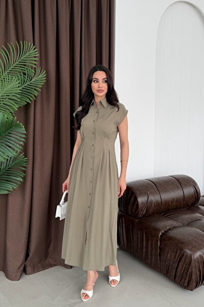 Serica Moda Khaki Shirt Collar Buttoned Pleated Tencel Fabric Midi Dress