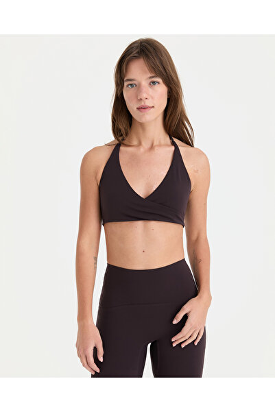Ayma Active Plum Purple Halter Wrap Motion Bra with Chest Pads Fitness Bra