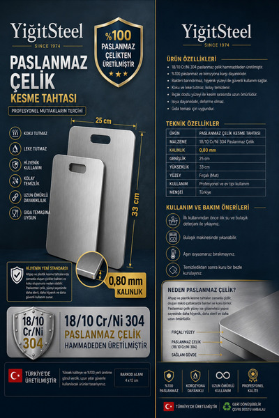 YİĞİTSTEEL SİNCE 1974 18/10 Cr-Ni Paslanmaz Çelik Küçük Boy Kesim Panosu / Levhası - Çelik Kesme Tahtası