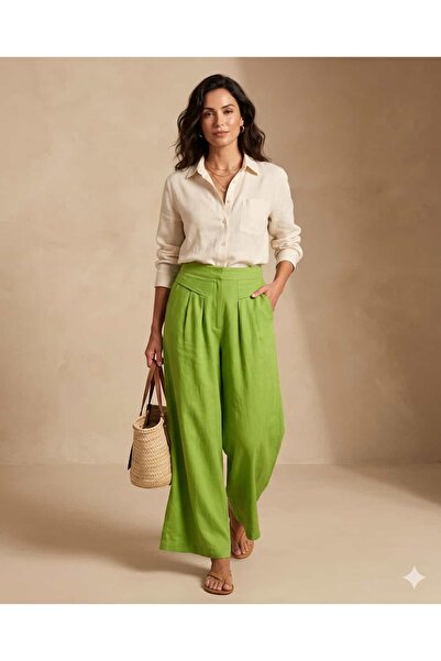 Punta Otantik Pts24250049 Elastic Waist Pleated Linen Cotton Hiva Trousers Green
