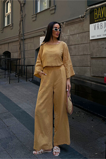 Fav Style Pantaloni cu croială lejeră și bluză crop cu decolteu larg, din țes...