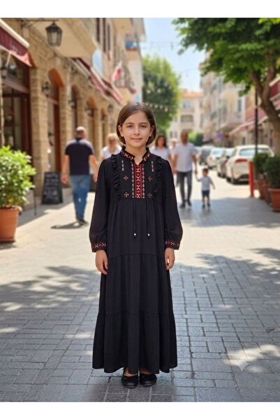 ASALEA Kız Çocuk Nakış İşlemeli Uzun Elbise – Etnik Desenli, Büzgü Detaylı, R...