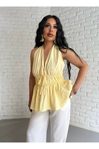 moneta boutique Γυναικεία μπλούζα ποπλίνα με λαιμόκοψη και ελαστική μέση