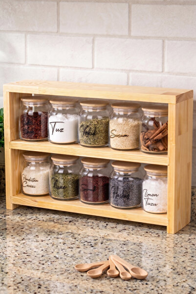 Dolkin Home 3-Tier Wooden Stand with 10 Spice Jars Set with Spoon 300 ml Glas...