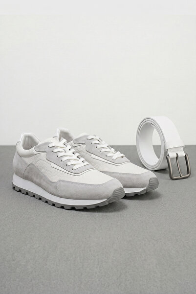Tigra Beyaz - Gri Erkek Sneaker Deri Ayakkabı / Beyaz Deri Erkek Kemer Babala...