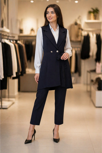 Moda Class MS Siyah Kadın Kuşak Modelli Kruvaze Yakalı 3'lü Takım
