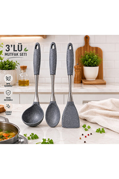 MİKRA 3-Piece Kitchen Set Heat Resistant Fireproof Non-Stick 33 cm Ladle - Mi...
