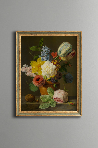 epiqart Seramik Vazoda Çiçekler - Vintage Desenli Çerçeve - İnce Model