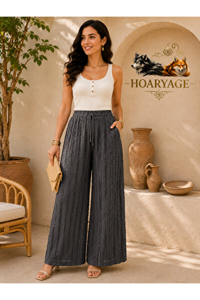 hoaryage Women's Black Elastic Waist, High Waist, Loose Cut, Wide Leg Trouser...