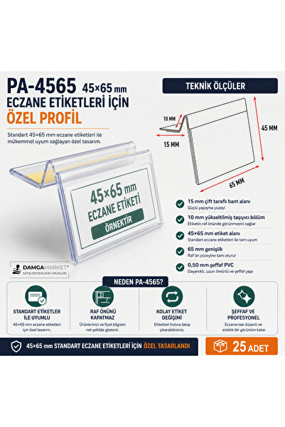DamgaMarket Eczane Raf Etiketi Tutucu Şeffaf PVC 45x65 mm Yapışkanlı Fiyat Et...