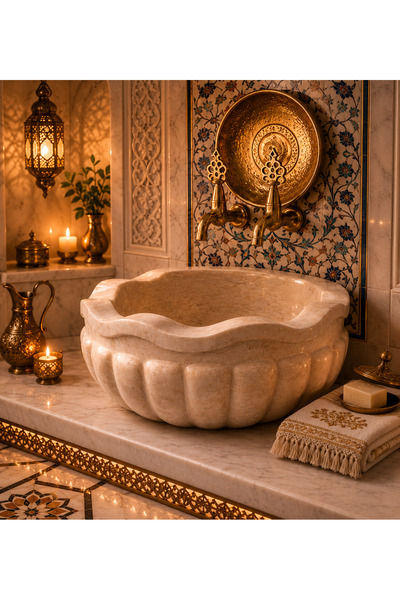 DECA STONE Premium Bej Hamam Kurnası — El Oyması Lüks Osmanlı Tasarımı - Trav...