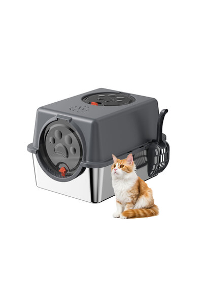KidLe Stainless Steel Litter Box with Lid with Litter Scoop Front and Top Ent...