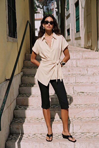 Sateen Shirt with Tie Detail - Beige