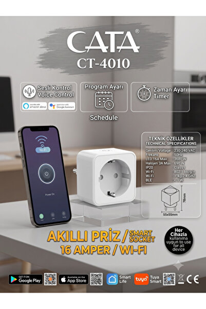 Cata CT-4010 Akıllı Priz 16 Amper Wi-Fi Zaman Ayarlı Uzaktan Kontrol Akıllı P...