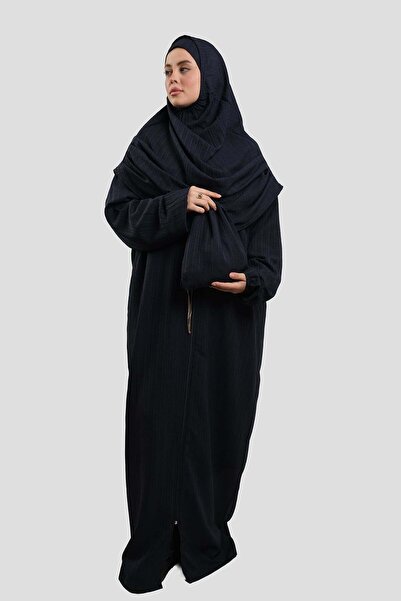 HÜRREM BONE Navy Blue Two-Piece Zippered Prayer Dress Woven Self-Patterned 25...