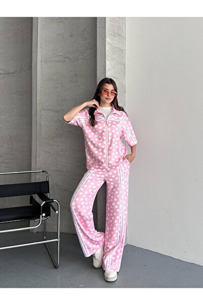 mylunessa Ροζ πουά σετ φόρμας με φερμουάρ μπροστά, oversized, κοντομάνικο, ριγέ