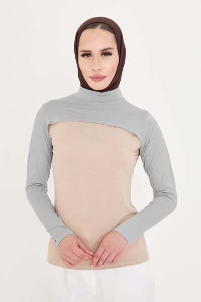 HÜRREM BONE Mânecă gri cu guler înalt, stil hijab, din viscoză, simplă 1025_15