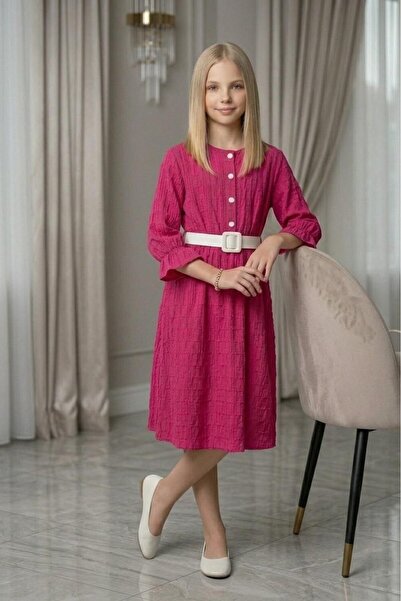 ABİYEKİDS Buttoned Belted Wrinkled Fabric Holiday Dress for Girls Aby259