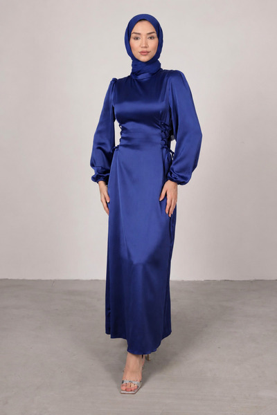 Tesettür Diyarı Women's Side Tie Satin Hijab Evening Dress - Light Navy Blue