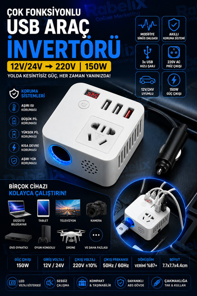 Rabelix Online Marketing Araç İçi 150W Güç İnvertörü 12V 220V Dönüştürücü 1 x...