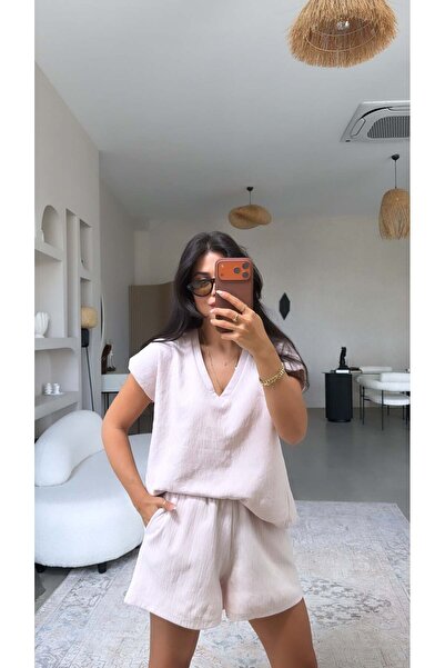 Buket Teke Uçuk Pink V-Neck Shorts Basic Set
