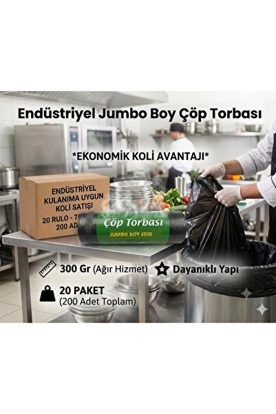 günfleks Günflex Endüstriyel Jumbo Boy Siyah Çöp Torbası, 20 Paket (Toplam 200 Adet Poşet), – 80X110 Cm, 300 Gr, Dayanıklı