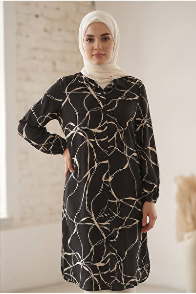tuvadi Women's Black Marble Patterned Viscose Tunic Shirt - Hijab Mother Shir...