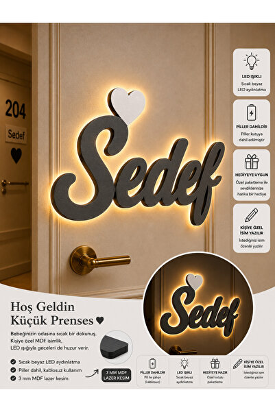 baskigo.com Kişiye Özel İsimli LED Işıklı Ahşap İsimlik Bebek Odası Duvar Dek...