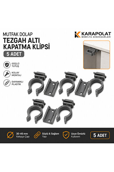 KARAPOLAT 5 Adet Gri Baza Klipsi Mutfak Dolap Tezgah Altı Kapatma Klipsi Ahşa...