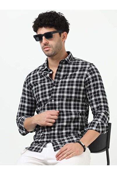 THE SOUTHZ Black & White Check Slub Linen Casual Full Sleeve Shirt