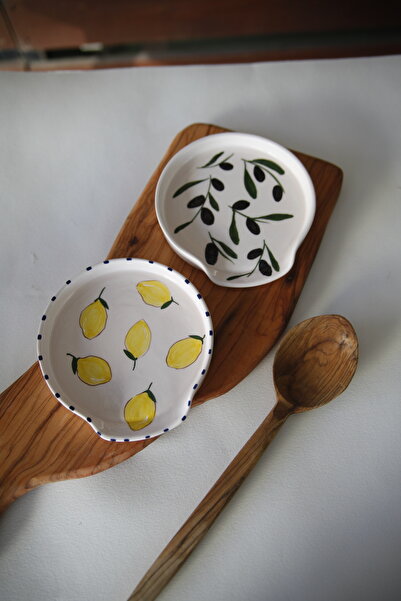 his ceramic Handmade 2-Piece Lemon and Olive Patterned Ceramic Dirty Spoon Coaster, Kitchen Spoon Ladle Coaster, Spoon Holder