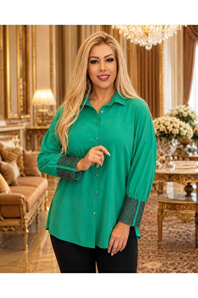 Yeşilmoda Stone Embellished Men's Collar Crepe Shirt – Green Women's Shirt, L...