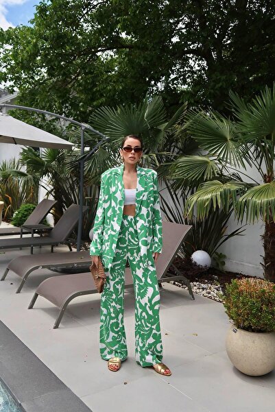 Caddebostan Moda Patterned Jacket and Wide-Leg Pants Two-Piece Set