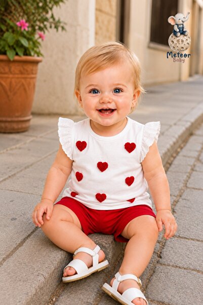 METEOR BABY Baby Girl Set - Heart Detailed Shorts Set, Flexible Waist, Comfor...