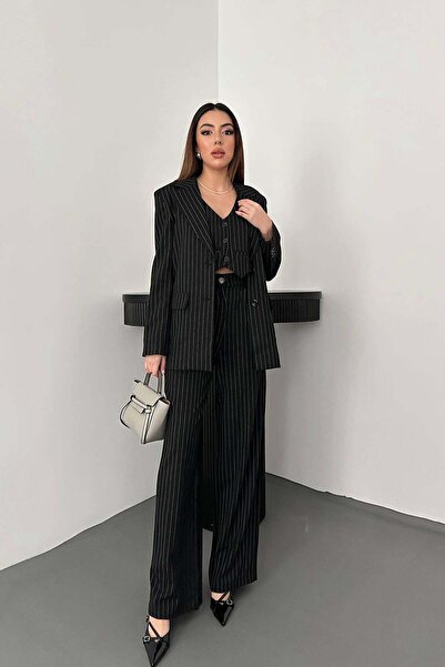 Generic Brand Striped Jacket Vest and Pants Three-Piece Women's Suit Combination