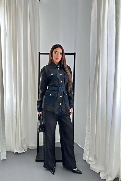 Caddebostan Moda طقم قميص وبنطلون مزخرف مع حزام وجيبين