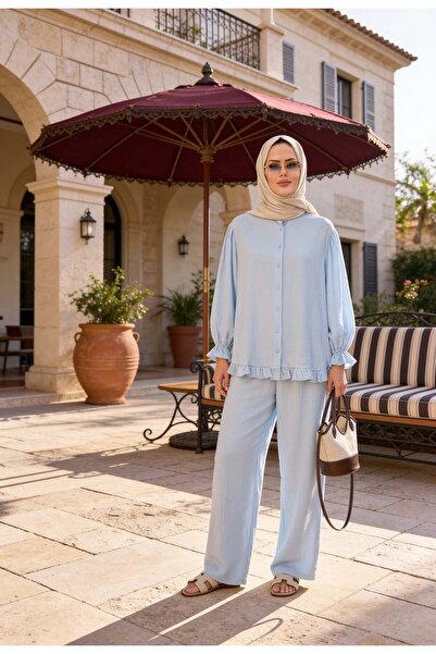 Aselim Hijap Moda Lavin Strawberry Fabric Ruffled Oversize Pants Suit-Blue