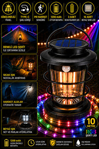 nelerbulurum Şarjlı Güneş Enerjili Hareket Sensörlü 10 Metre RGB LED Şerit + ...