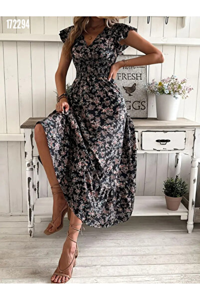 moda wanilia Kadın Çiçek Desenli Kruvaze Yaka Kısa Kollu Beli Lastikli Elbise