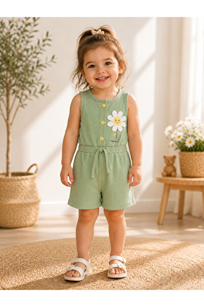 RÜYA KİDS Girl's summer romper with button and daisy detail