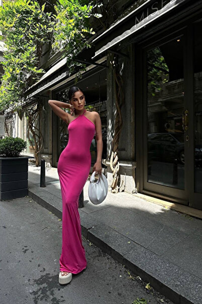 Asfaha Fashion Kadın Pembe Boyundan Bağlamalı Sırt Dekolteli Vücudu Saran Max...