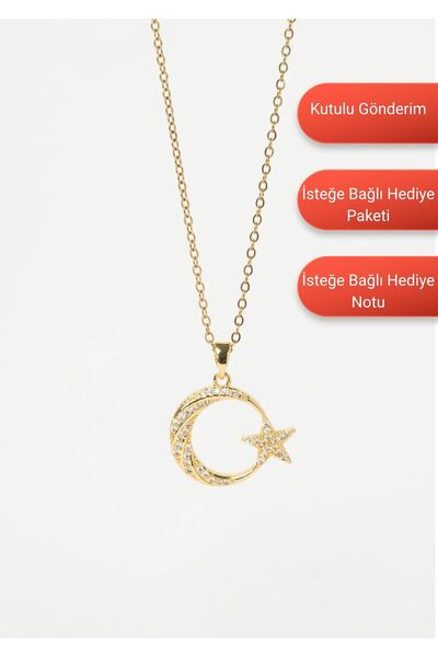 MinAccessory Gold Zirkon Taşlı Burmalı Ay Yıldız Tasarım Çelik Kolye